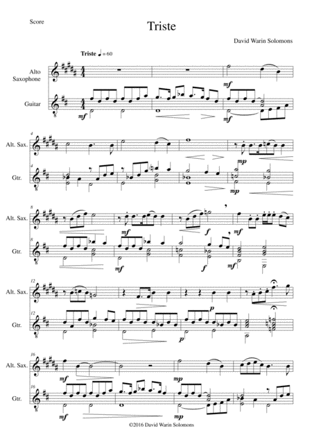 Free Sheet Music Triste For Alto Saxophone And Guitar