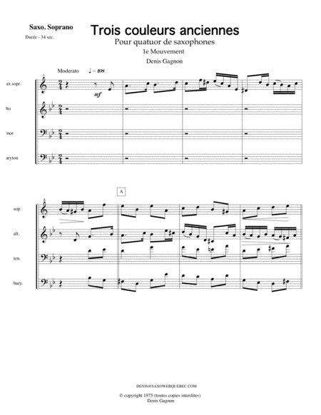 Trois Couleurs Anciennes 1e Mouvement Pour Quatuor De Saxophones Score Et 4 Partitions Satb Sheet Music