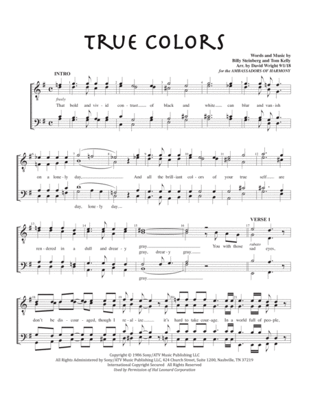 Free Sheet Music True Colors Quartet Pricing