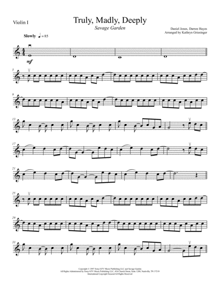 Truly Madly Deeply String Quartet Sheet Music