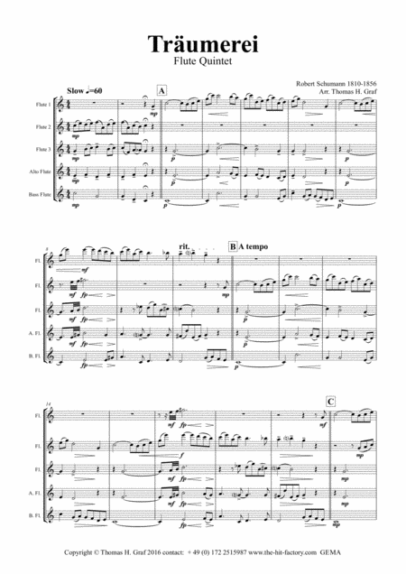 Trumerei Romantic Masterpiece By R Schumann Flute Quintet Sheet Music