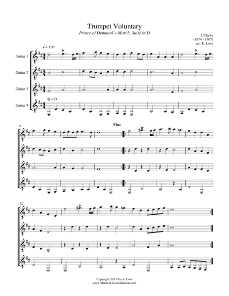 Free Sheet Music Trumpet Voluntary And Trumpet Tune Guitar Quartet Score And Parts