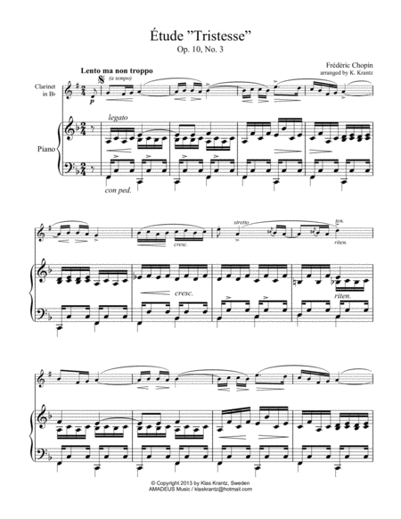 Tude Study Tristesse Op 10 No 3 Abridged Easy For Clarinet And Piano Sheet Music