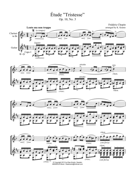 Tude Study Tristesse Op 10 No 3 Abridged For Clarinet And Guitar Sheet Music