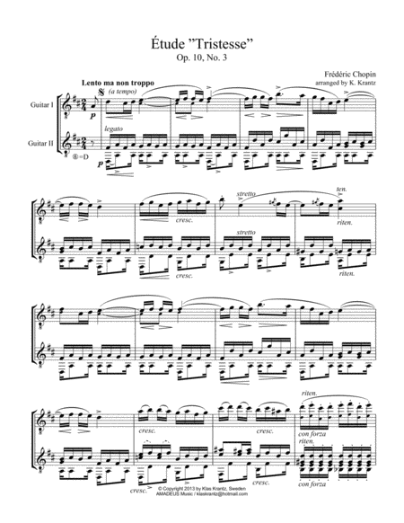 Tude Study Tristesse Op 10 No 3 Abridged For Guitar Duo Sheet Music