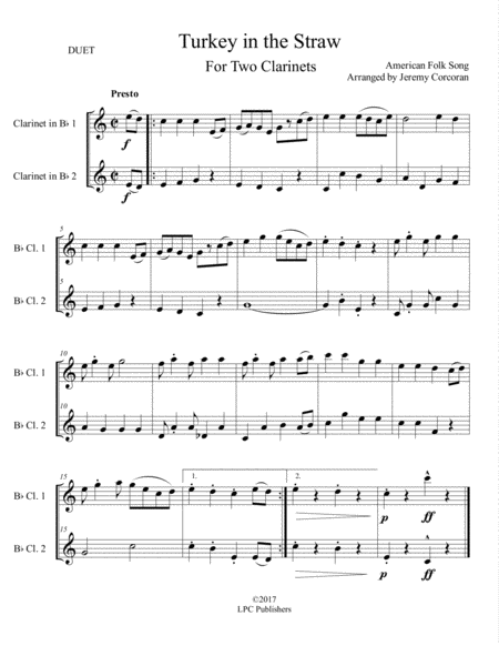 Turkey In The Straw For Two Clarinets Sheet Music