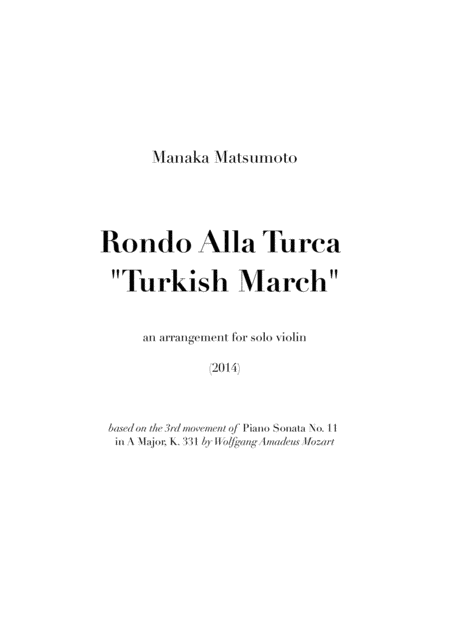 Turkish March Arr For Solo Violin Sheet Music