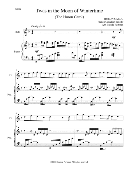 Free Sheet Music Twas In The Moon Of Wintertime The Huron Carol Flute Piano Arr Brenda Portman