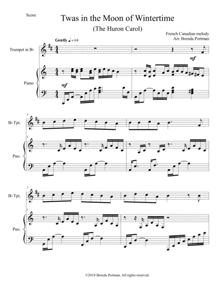 Twas In The Moon Of Wintertime The Huron Carol Trumpet Piano Arr Brenda Portman Sheet Music