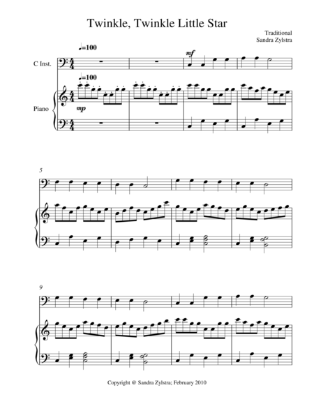 Twinkle Twinkle Little Star Bass C Instrument Solo Sheet Music