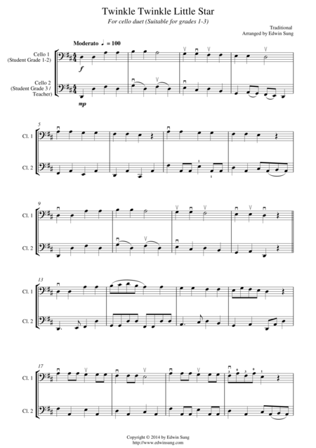 Twinkle Twinkle Little Star For Cello Duet Suitable For Grades 1 3 Sheet Music