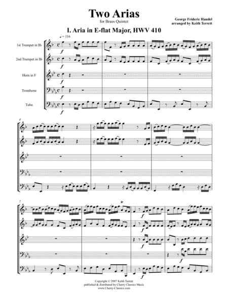 Two Arias For Brass Quintet Sheet Music