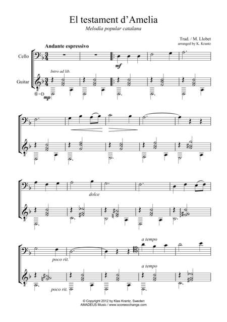 Two Catalan Folk Songs For Cello And Guitar Sheet Music