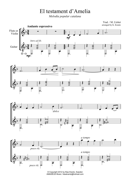 Free Sheet Music Two Catalan Folk Songs For Violin Or Flute And Guitar