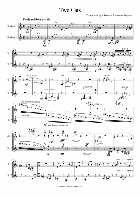 Free Sheet Music Two Cats Clarinet Duet