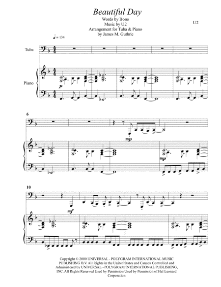 U2 Beautiful Day For Tuba Piano Sheet Music