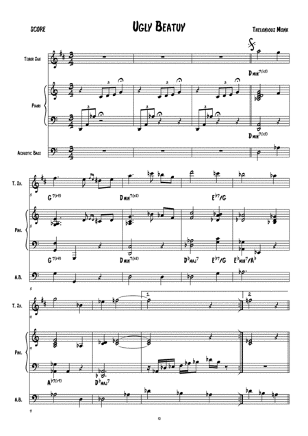 Free Sheet Music Ugly Beautyt Monk Score And Individual Parts Tenor Sax Piano Bass