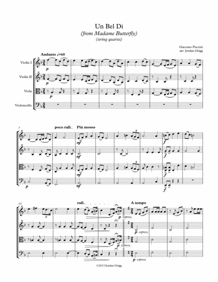 Free Sheet Music Un Bel Di From Madame Butterfly String Quartet