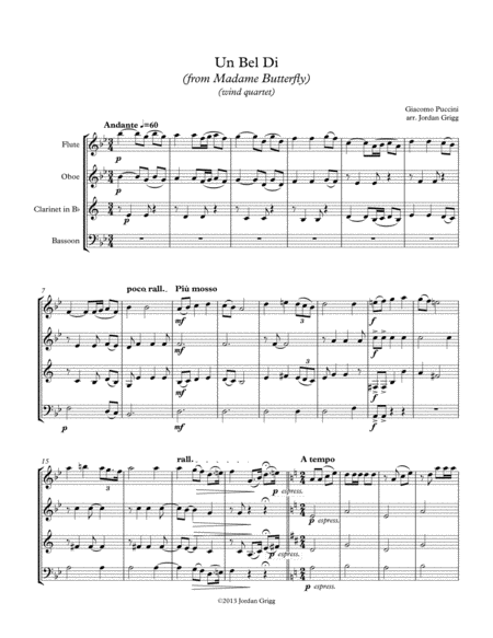 Un Bel Di From Madame Butterfly Wind Quartet Sheet Music