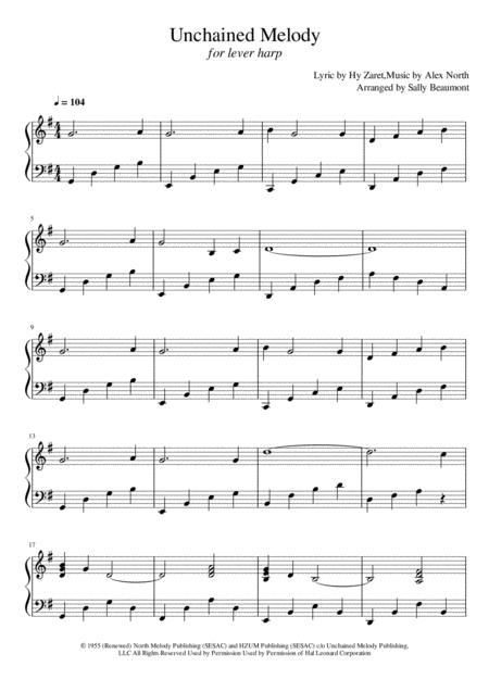Free Sheet Music Unchained Melody Lever Harp Solo