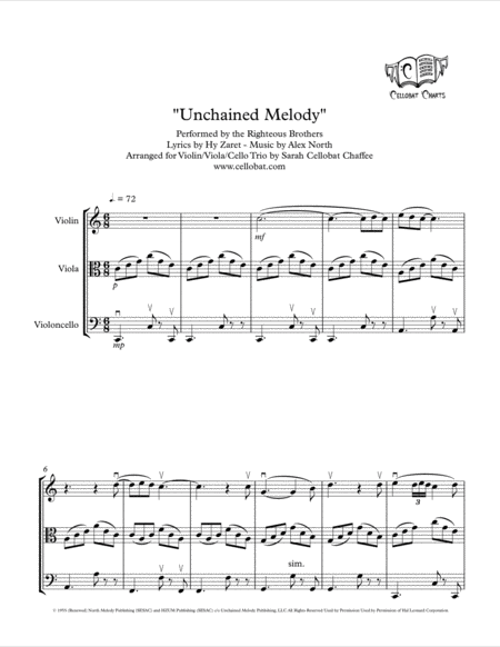 Unchained Melody String Trio Violin Viola Cello Righteous Brothers Arr Cellobat Sheet Music