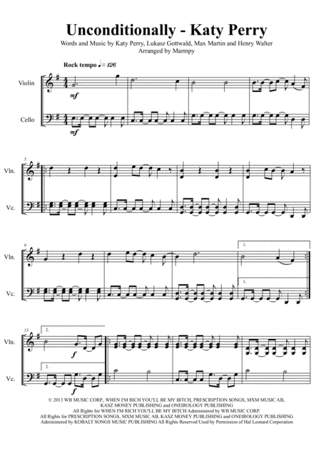 Free Sheet Music Unconditionally Katy Perry Arranged For String Duet