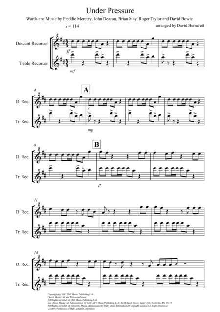 Under Pressure For Recorder Duet Sheet Music