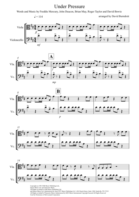 Under Pressure For Viola And Cello Duet Sheet Music