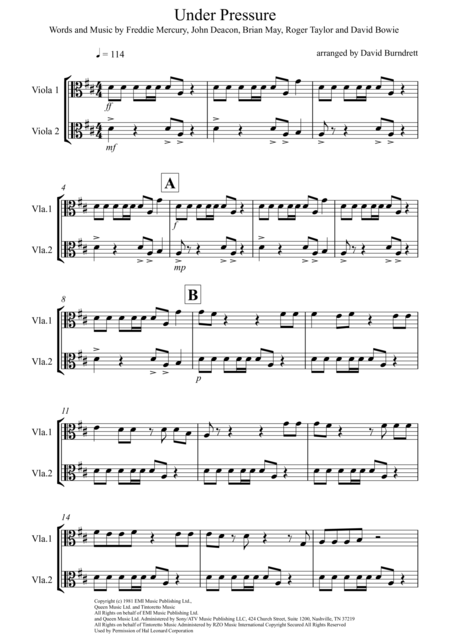 Under Pressure For Viola Duet Sheet Music