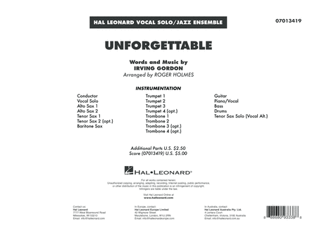 Unforgettable Arr Roger Holmes Conductor Score Full Score Sheet Music