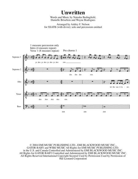 Unwritten A Cappella Sheet Music