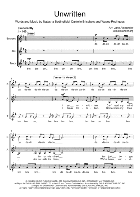 Unwritten Sat Sheet Music