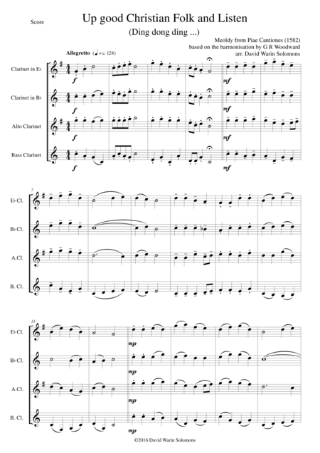 Up Good Christian Folk And Listen Ding Dong Ding For Clarinet Quartet E Flat B Flat Alto Bass Sheet Music