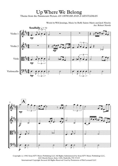 Up Where We Belong Theme From An Officer And A Gentleman For String Quartet Sheet Music