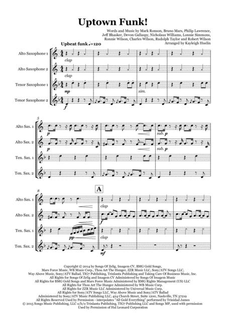 Uptown Funk By Mark Ronson Ft Bruno Mars Saxophone Quartet Aatt Sheet Music