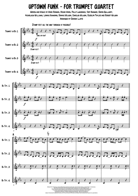 Uptown Funk For Trumpet Quartet Sheet Music