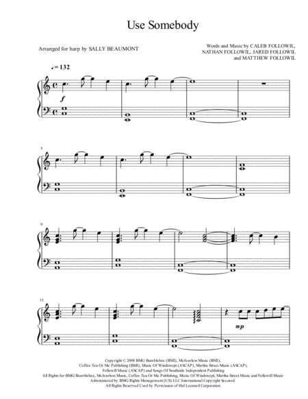 Use Somebody Kings Of Leon Harp Solo Sheet Music