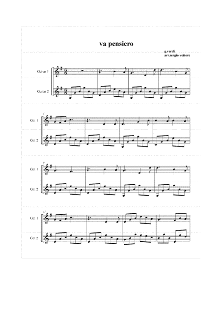 Free Sheet Music Va Pensiero From Nabucco By Giuseppe Verdi 1813 1901 Arranged For Guitar Duo By Sergio Vettore