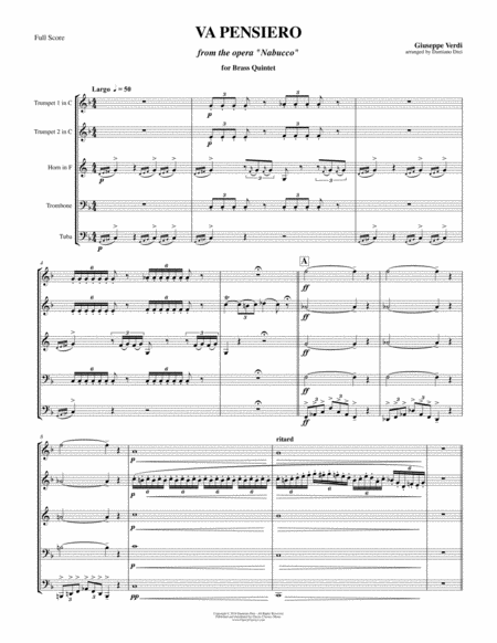 Va Pensiero From The Opera Nabucco For Brass Quintet Sheet Music