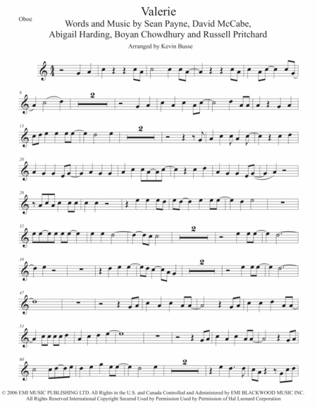 Free Sheet Music Valerie Easy Key Of C Oboe