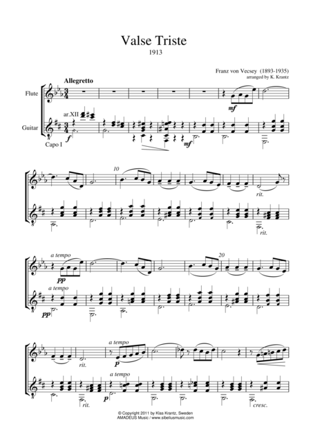 Valse Trist For Flute And Guitar Sheet Music