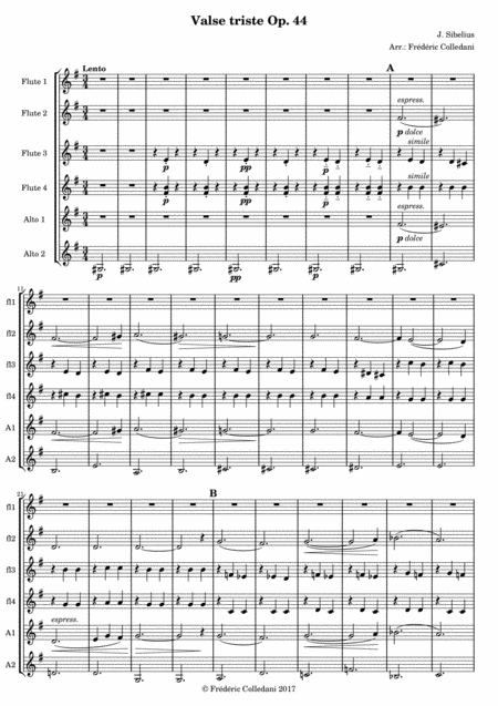 Valse Triste Op 44 Incidental Music For Kuolema Death For Flute Choir Sheet Music