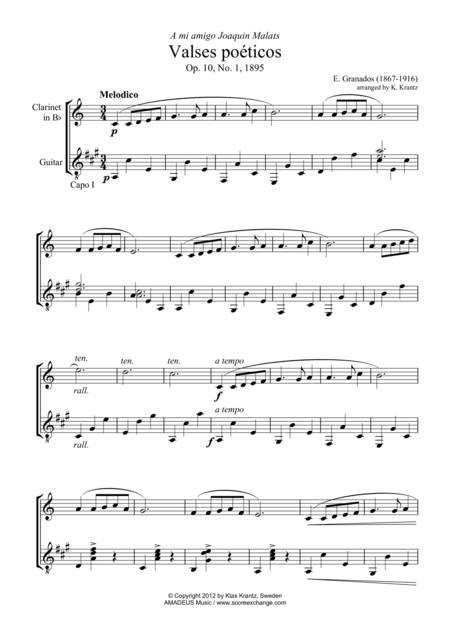 Valses Poeticos No 1 2 7 For Clarinet In Bb And Guitar Sheet Music