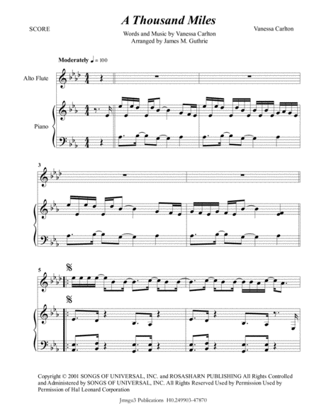 Vanessa Carlton A Thousand Miles For Alto Flute Piano Sheet Music