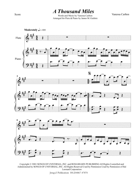 Free Sheet Music Vanessa Carlton A Thousand Miles For Flute Piano
