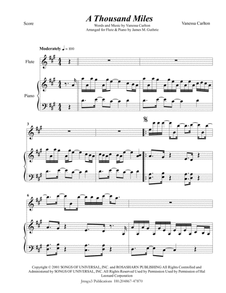 Vanessa Carlton A Thousand Miles For Flute Piano Sheet Music