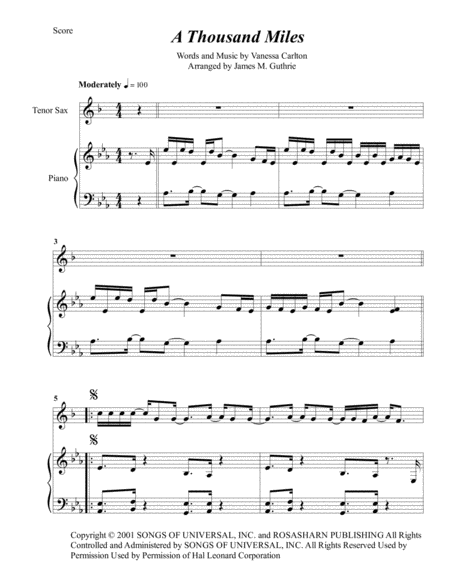 Free Sheet Music Vanessa Carlton A Thousand Miles For Tenor Sax Piano