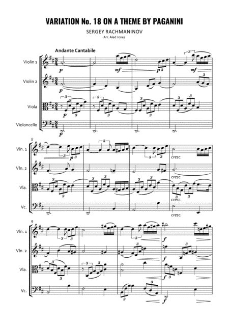 Variation No 18 On A Theme By Paganini For String Quatet Sheet Music