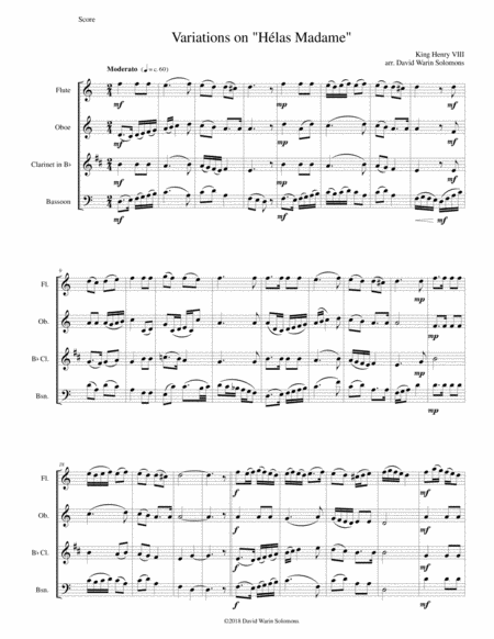 Free Sheet Music Variations For Wind Quartet On Hlas Madame Attributed To Henry Viii