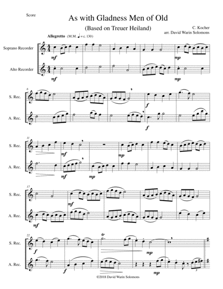 Free Sheet Music Variations On As With Gladness Men Of Old Treuer Heiland Wir Sind Da For Soprano And Alto Recorder
